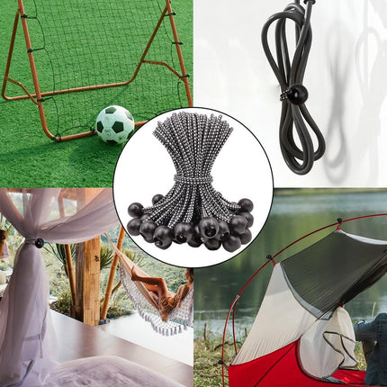50 pieces - 6 inch - Elastic rope - Elastic cord - Tensioning elastic - tension cord - ball bungee cords - with balls - reusable - for golf nets, soccer goals, camping, tent poles, hose - black rope white spot - 150*22 mm.