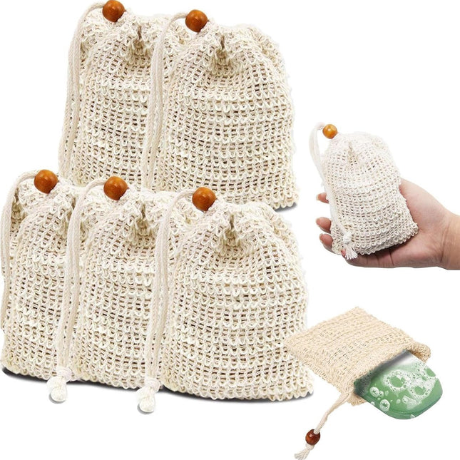 5 pieces - Soap bag - Drawstring bags Soap net - Sisal Soap bag - Soap Bar bag - Shampoo bar bag - Soap bar bag - scrub glove - foam soap bags - scrub bag - bathroom accessories - for home, bath massage, travel storage - 9*14cm.
