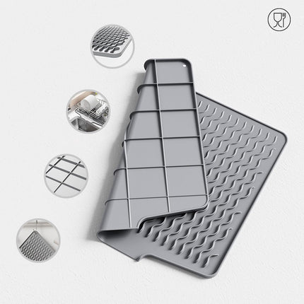 39*32 cm - Drain mat - Countertop drying mat - Foldable silicone drainer - kitchen drying mat - non-slip - silicone drainer - for the sink, for kitchen utensils, cups, fruit and vegetables - grey.