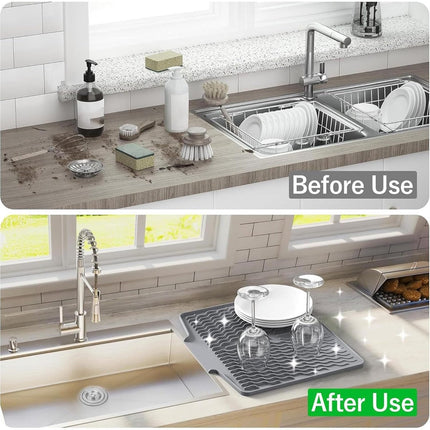 39*32 cm - Drain mat - Countertop drying mat - Foldable silicone drainer - kitchen drying mat - non-slip - silicone drainer - for the sink, for kitchen utensils, cups, fruit and vegetables - grey.