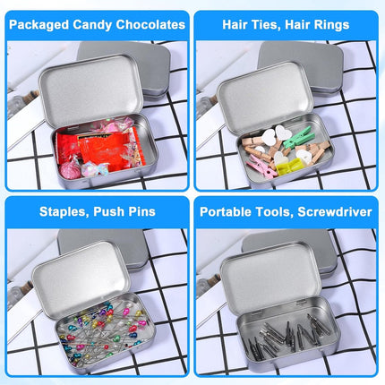 Mini Tin Cans - Pack of 3 - Storage Box - Metal - Hinged Tin Can - With Lid - Rectangular Tin Can - Mini Portable Box - Suitable for Home, Office, Outings and Travel - 95x60x20mm - Silver.