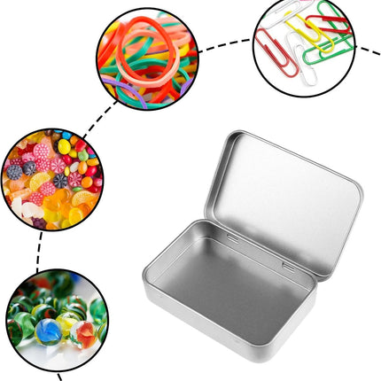 Mini Tin Cans - Pack of 3 - Storage Box - Metal - Hinged Tin Can - With Lid - Rectangular Tin Can - Mini Portable Box - Suitable for Home, Office, Outings and Travel - 95x60x20mm - Silver.
