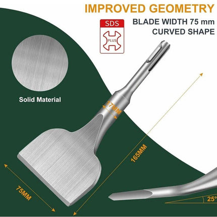 Chisel - 17 * 165 * 75 mm - Tile chisel - slanted chisel - stone chisel - cold chisel - flat chisel - hammer drill chisel - tile chisel for SDS-plus - 40CR chrome steel - silver - 25° bend - for tiles concrete stone masonry.