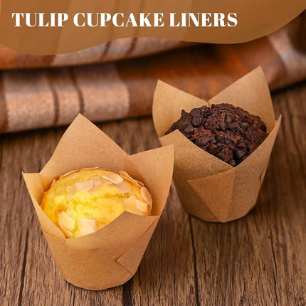 Set of 120 Paper Muffin Cups - Tulip Design - Food Grade Baking Paper - Non-Stick - High Temperature Resistant - For Wedding, Kids Birthday Party Supplies.