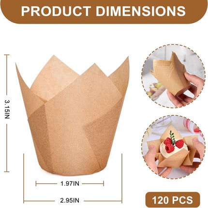 Set of 120 Paper Muffin Cups - Tulip Design - Food Grade Baking Paper - Non-Stick - High Temperature Resistant - For Wedding, Kids Birthday Party Supplies.