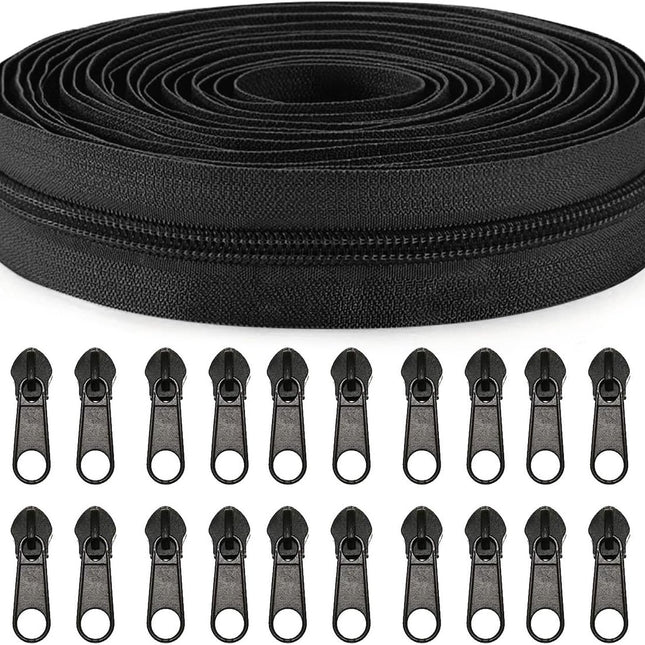 Zippers - 1 Roll - Zipper - Includes 20 Replacement Zippers - Nylon - Metal - Replacement Zipper Set - Zipper Closure Repair Kit - Suitable for Bags, Clothing and Bedding - 10m*2.7cm - Black.
