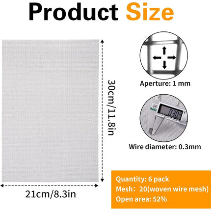 Sieve metal - 6 pieces - 30 x 21 cm - Insect net - 20 mesh - Fine mesh - Metal mesh - Insect mesh - Mouse mesh - Silver - Stainless steel - For cages, ventilation openings, gardens, window screens and filters.