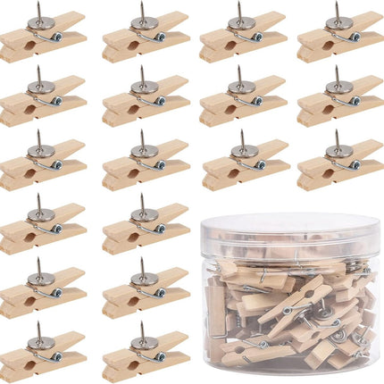 Pin Board Pins - 50 Pieces - Wooden Clip Pushpins - Pin Board Pins - Pushpins - For Memos & Photos - Wall & Wall Decoration - Suitable for Cork Board Art, Pin Boards, Craft Projects & Photography Supplies - 3.5*0.7cm - Light Brown.