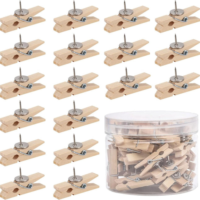 Pin Board Pins - 50 Pieces - Wooden Clip Pushpins - Pin Board Pins - Pushpins - For Memos & Photos - Wall & Wall Decoration - Suitable for Cork Board Art, Pin Boards, Craft Projects & Photography Supplies - 3.5*0.7cm - Light Brown.