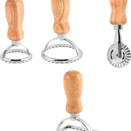 Set of 4 ravioli cutters - Ravioli makers with wooden handle - Set of 3 shape cutters and 1 pasta wheel for cutting homemade ravioli.