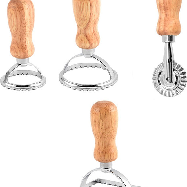 Set of 4 ravioli cutters - Ravioli makers with wooden handle - Set of 3 shape cutters and 1 pasta wheel for cutting homemade ravioli.