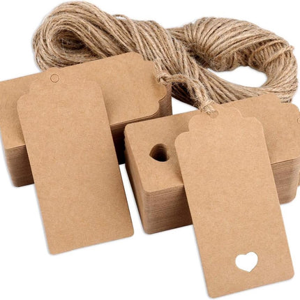 100x Kraft Cardboard Labels - With 100 Jute Rope - Gift Tags - 9.5 x 4.5 CM - Heart - Writable - Cardboard Gift Labels - Kraft Paper Name Tags - Blank Price Tags - Gift Tags - Multifunctional Label - Thick & Sturdy.