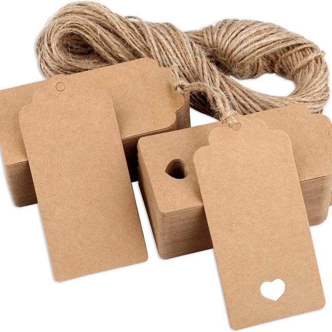 100x Kraft Cardboard Labels - With 100 Jute Rope - Gift Tags - 9.5 x 4.5 CM - Heart - Writable - Cardboard Gift Labels - Kraft Paper Name Tags - Blank Price Tags - Gift Tags - Multifunctional Label - Thick & Sturdy.