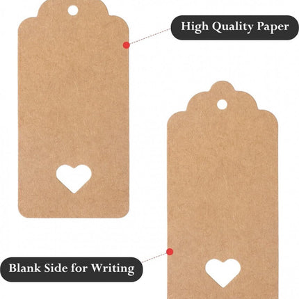 100x Kraft Cardboard Labels - With 100 Jute Rope - Gift Tags - 9.5 x 4.5 CM - Heart - Writable - Cardboard Gift Labels - Kraft Paper Name Tags - Blank Price Tags - Gift Tags - Multifunctional Label - Thick & Sturdy.