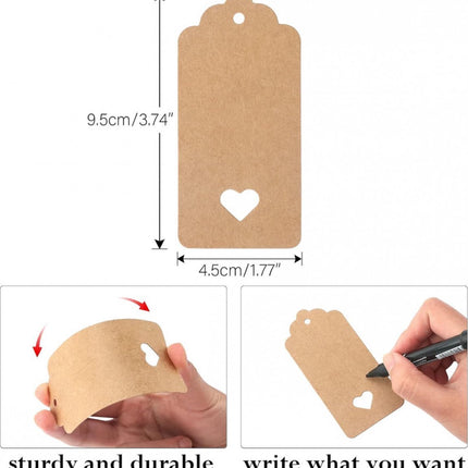 100x Kraft Cardboard Labels - With 100 Jute Rope - Gift Tags - 9.5 x 4.5 CM - Heart - Writable - Cardboard Gift Labels - Kraft Paper Name Tags - Blank Price Tags - Gift Tags - Multifunctional Label - Thick & Sturdy.