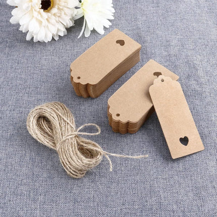 100x Kraft Cardboard Labels - With 100 Jute Rope - Gift Tags - 9.5 x 4.5 CM - Heart - Writable - Cardboard Gift Labels - Kraft Paper Name Tags - Blank Price Tags - Gift Tags - Multifunctional Label - Thick & Sturdy.