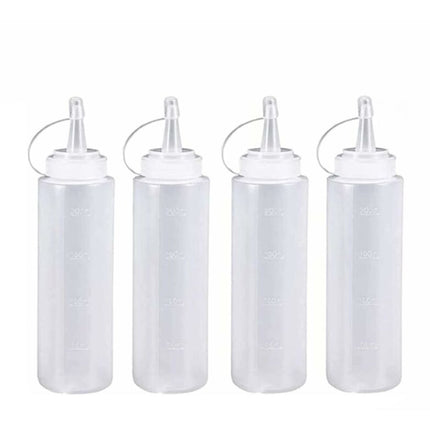 4 pieces - 200 ml - Dosing bottle - Squeeze bottle - Sauce bottle - Garnish bottle - Plastic - White - with spout cap - Leak-proof lids - With check marks - For garnish, sauce or batter.