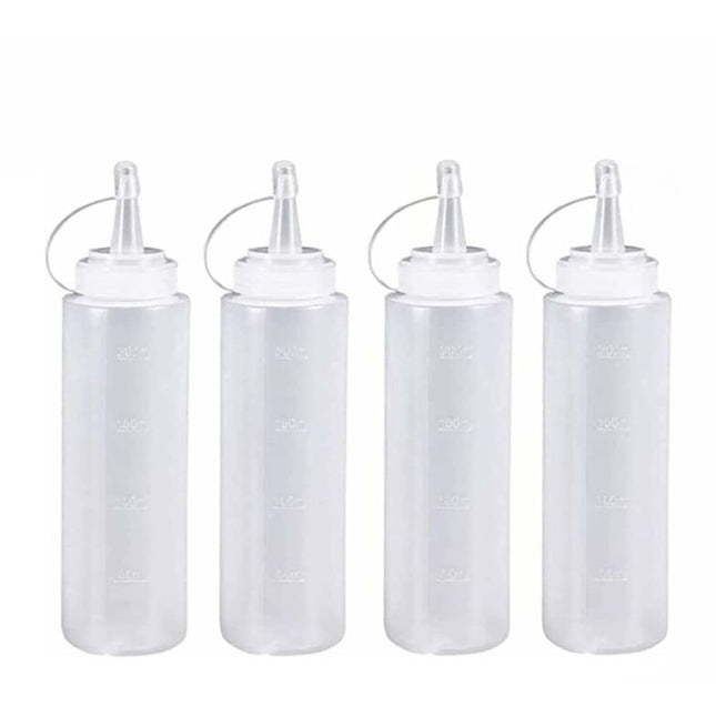 4 pieces - 200 ml - Dosing bottle - Squeeze bottle - Sauce bottle - Garnish bottle - Plastic - White - with spout cap - Leak-proof lids - With check marks - For garnish, sauce or batter.