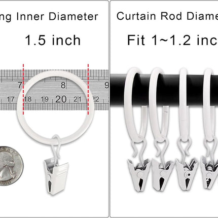 Curtain rings - 45 pieces - Inner diameter 3.8CM - White - Curtain clips for curtain rods - Metal clamps with clip - Hooks for shower curtains, towels, tea towels and dishcloths - Curtain hooks - Curtain hooks.