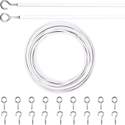 Curtain spiral wire - 10M - Curtain cable - with screw eyes and hooks - 25 sheep eye circles and 25 question mark nails - Spiral wire set - curtain cable line for clothing - Tension spring - white - Metal - for curtain rods, curtains, shower curtains.