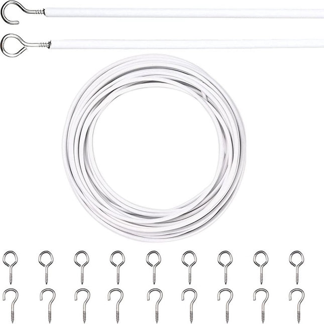 Curtain spiral wire - 10M - Curtain cable - with screw eyes and hooks - 25 sheep eye circles and 25 question mark nails - Spiral wire set - curtain cable line for clothing - Tension spring - white - Metal - for curtain rods, curtains, shower curtains.