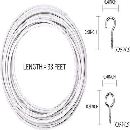 Curtain spiral wire - 10M - Curtain cable - with screw eyes and hooks - 25 sheep eye circles and 25 question mark nails - Spiral wire set - curtain cable line for clothing - Tension spring - white - Metal - for curtain rods, curtains, shower curtains.