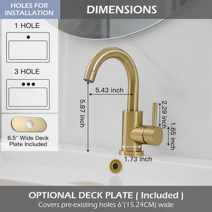 Faucet - Kitchen Faucet - Sink Faucet - 360° Rotatable Mixer Tap - Stainless Steel - Gold - with Cover Plate - for 1-3 Hole Installation.