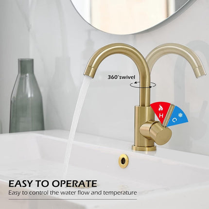 Faucet - Kitchen Faucet - Sink Faucet - 360° Rotatable Mixer Tap - Stainless Steel - Gold - with Cover Plate - for 1-3 Hole Installation.