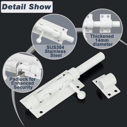 Sliding lock - Sliding lock - Sliding bolt - Gate bolt - Door lock - Bolt - Door bolt - Door lock - Plate bolt - 5 inch - Stainless steel - white - for shed gate storage, garden house door, cupboard.