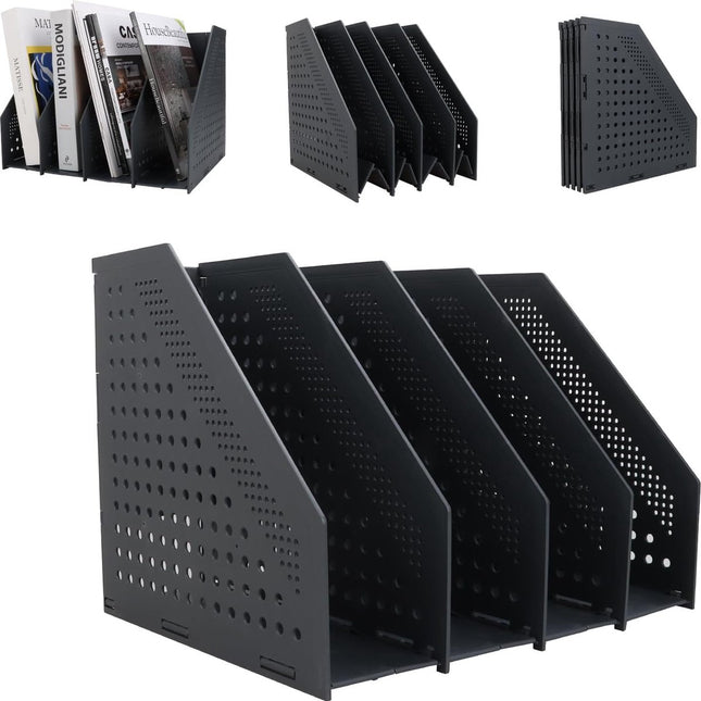 Magazine cassette - 4 compartments - A4 format - desk organizer - Magazine holder - Magazine rack - Newspaper holder - Magazine rack - Magazine holder - Magazine rack - 330 x 255 x 243 mm - Dark gray - foldable - plastic.