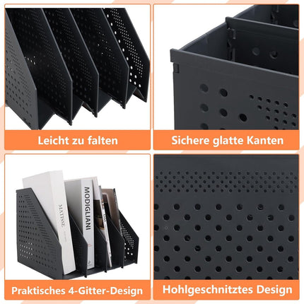 Magazine cassette - 4 compartments - A4 format - desk organizer - Magazine holder - Magazine rack - Newspaper holder - Magazine rack - Magazine holder - Magazine rack - 330 x 255 x 243 mm - Dark gray - foldable - plastic.