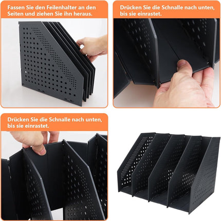 Magazine cassette - 4 compartments - A4 format - desk organizer - Magazine holder - Magazine rack - Newspaper holder - Magazine rack - Magazine holder - Magazine rack - 330 x 255 x 243 mm - Dark gray - foldable - plastic.