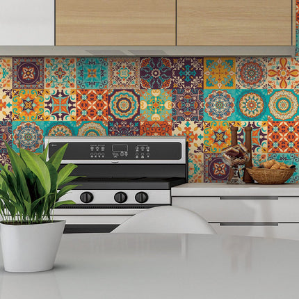 24 pieces - Self-adhesive adhesive foil tile stickers - Decorative sticker tiles - Self-adhesive tiles - Sticktiles - Bathroom - Kitchen - 15x15 cm - Retro Mandala - PVC - Colorful.