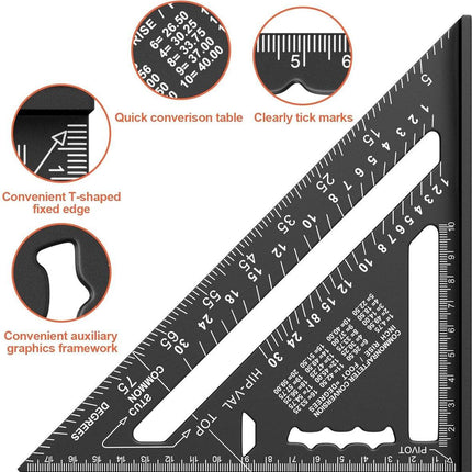 180mm Carpenter's Angle - Aluminum Ruler - Triangular Carpenter's Angle 45/90 Degrees - Carpenter's Square - High Precision Measuring Tool - For Carpenter, Roofer, Engineer - Black.