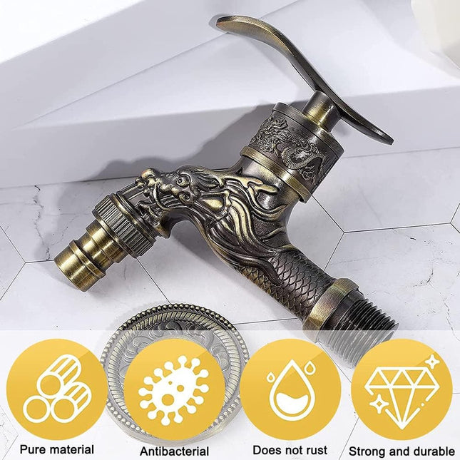 Vintage faucet - antique faucet - wall faucet - garden faucet - 10.5 * 10.8 * 7.3 cm - zinc alloy - bronze - dragon carved faucet - for home, kitchen, bathroom, outdoor, garden.
