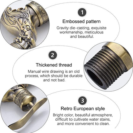 Vintage faucet - antique faucet - wall faucet - garden faucet - 10.5 * 10.8 * 7.3 cm - zinc alloy - bronze - dragon carved faucet - for home, kitchen, bathroom, outdoor, garden.
