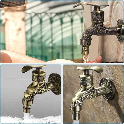 Vintage faucet - antique faucet - wall faucet - garden faucet - 10.5 * 10.8 * 7.3 cm - zinc alloy - bronze - dragon carved faucet - for home, kitchen, bathroom, outdoor, garden.