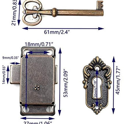 4 Pieces - Furniture Lock - Iron - 53*27 mm - Red Bronze - With Key and Screws - Furniture Locks - Safety Cabinet Lock - Drawer Lock - Lock with Key - For Furniture, Cabinet and Drawer.
