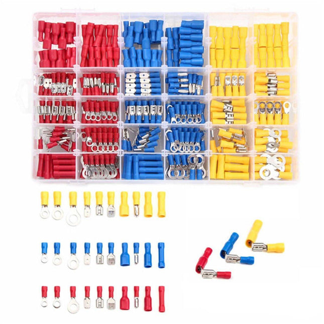Cable lug set - 480 pieces - 30 types of flat terminals - Crimp connections with insulating sleeves, flat plugs, ring forks, cable lugs, assortment box - Cable connectors for electricians.