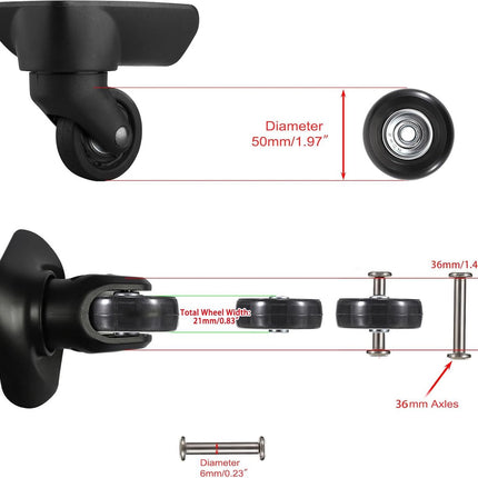 Set of 2 - Suitcase wheels - Replacement wheels for suitcases - Rubber casters - Bearings - Repair kits - 50mm x 18mm - Spare wheels - Suitcase - Casters - Luggage wheels - With screws - Wheels - Caster wheel - Suitcase wheels replacement set.