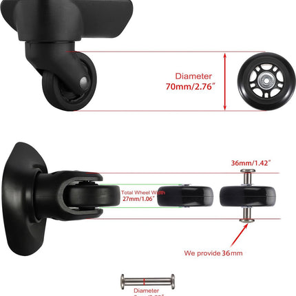 Set of 2 - Suitcase wheels - Replacement wheels for suitcases - Rubber casters - Bearings - Repair kits - 70mm x 24mm - Spare wheels - Suitcase - Casters - Luggage wheels - With screws - Wheels - Caster wheel - Suitcase wheels replacement set.