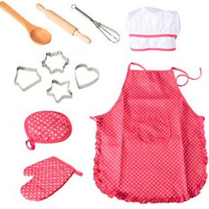Set of 11 pieces - Kitchen apron - Kitchen - Children's cooking apron tool set - pink red - 28*23.5*2.8cm - cloth.