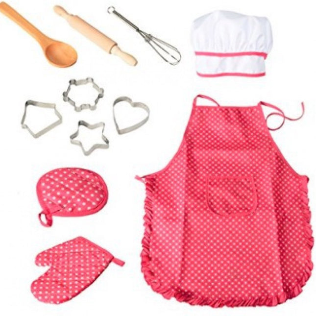 Set of 11 pieces - Kitchen apron - Kitchen - Children's cooking apron tool set - pink red - 28*23.5*2.8cm - cloth.