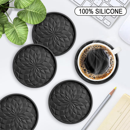 Coasters with Holder - 6 pieces - Coasters for Glasses - Glass Coasters for the Table - Coasters - Silicone - Non-slip - Black - Round - Raised edges to prevent spills - Coasters for hot or cold drinks to protect table tops.