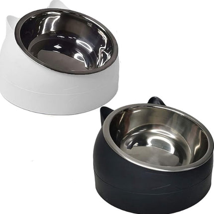 2 pieces - food bowls for cats - Dog food bowl - black, white - 200 ml - Drinking bowl for dogs and cats - Stainless steel - With cat head shape.
