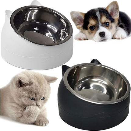 2 pieces - food bowls for cats - Dog food bowl - black, white - 200 ml - Drinking bowl for dogs and cats - Stainless steel - With cat head shape.