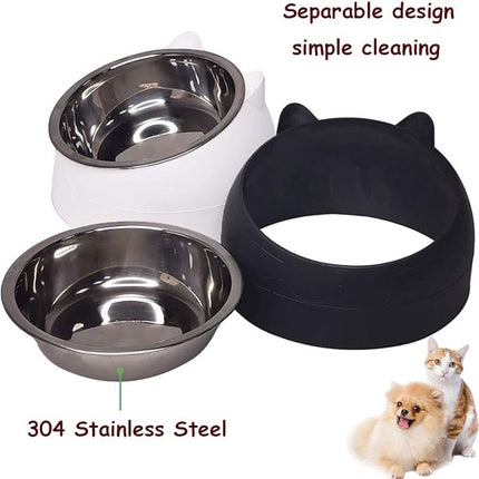 2 pieces - food bowls for cats - Dog food bowl - black, white - 200 ml - Drinking bowl for dogs and cats - Stainless steel - With cat head shape.