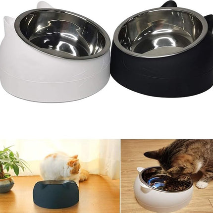 2 pieces - food bowls for cats - Dog food bowl - black, white - 200 ml - Drinking bowl for dogs and cats - Stainless steel - With cat head shape.