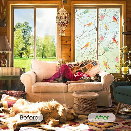 Window film - Glue-free adhesive film for windows and bathrooms - 30cm*1m - PVC - Static - Easy installation - Colorful - Branches and birds.