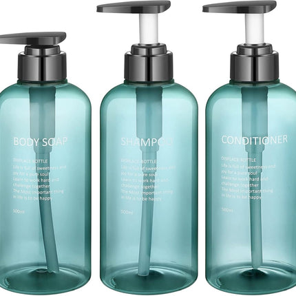 Soap dispenser - 3 pieces - Empty travel bottles - shampoo conditioner, shower gel dispenser - pump dispenser - empty bottles - 500 ml - blue - plastic - refillable - with labels - for travel and bathroom.